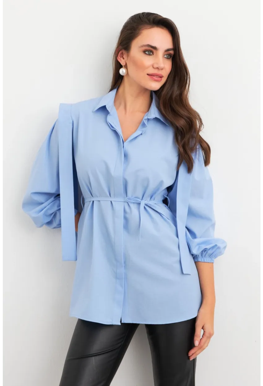 Kadın Mavi Bağlama Detaylı Basic Gömlek MASF185