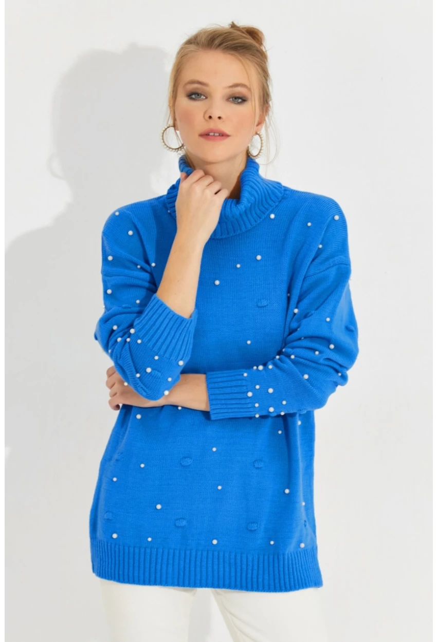 Kadın Mavi Balıkçı Yaka İncili Triko Kazak MSS129