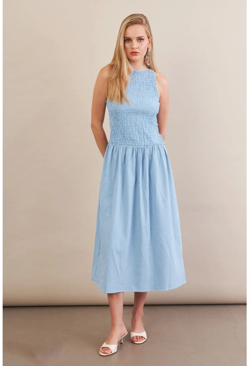 Kadın Mavi Beli Lastikli Gipeli Midi Elbise ZH130