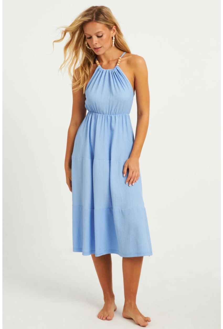 Kadın Mavi Boncuk Detaylı Bürümcük Midi Elbise HO52