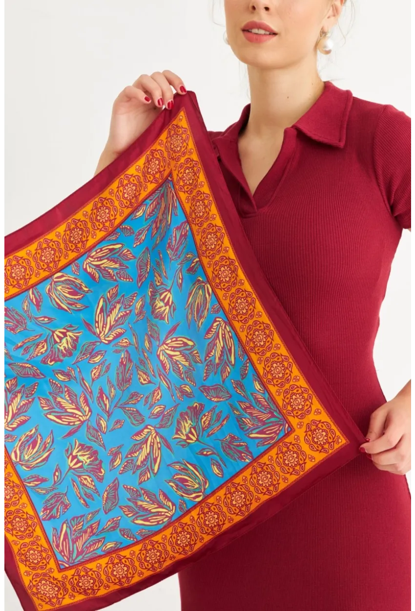 Kadın Mavi-Bordo Saten Fular FİR100