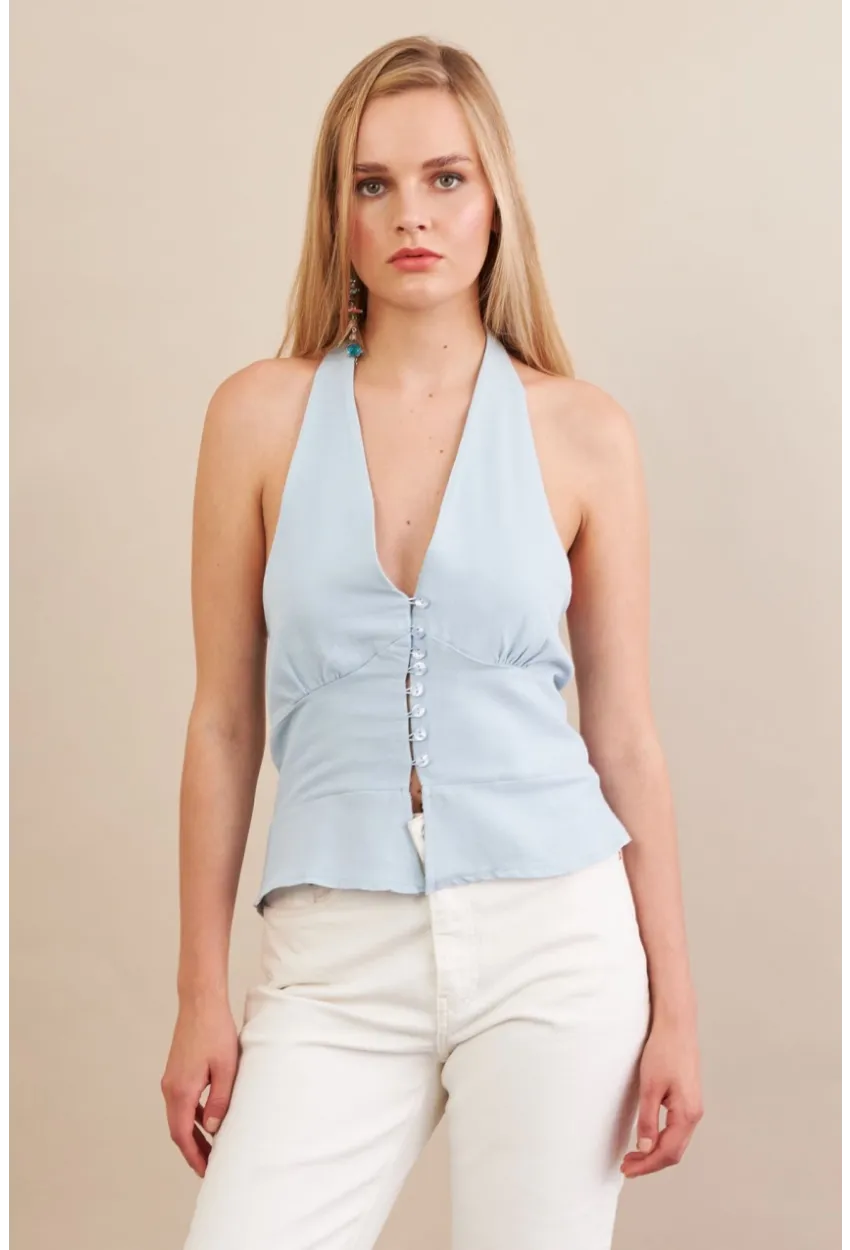 Kadın Mavi Boyun Bağlamalı Keten Yelek FS129