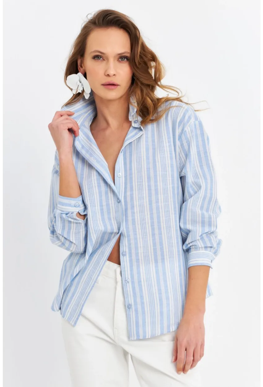 Kadın Mavi Çizgili Keten Gömlek ROP102