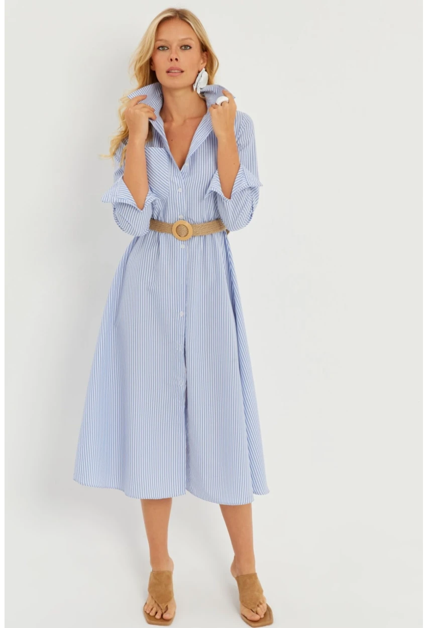 Kadın Mavi Çizgili Midi Gömlek Elbise PP5515