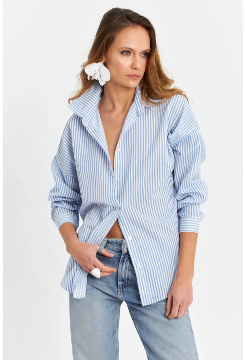 Kadın Mavi Çizgili Oversize Gömlek ZER420