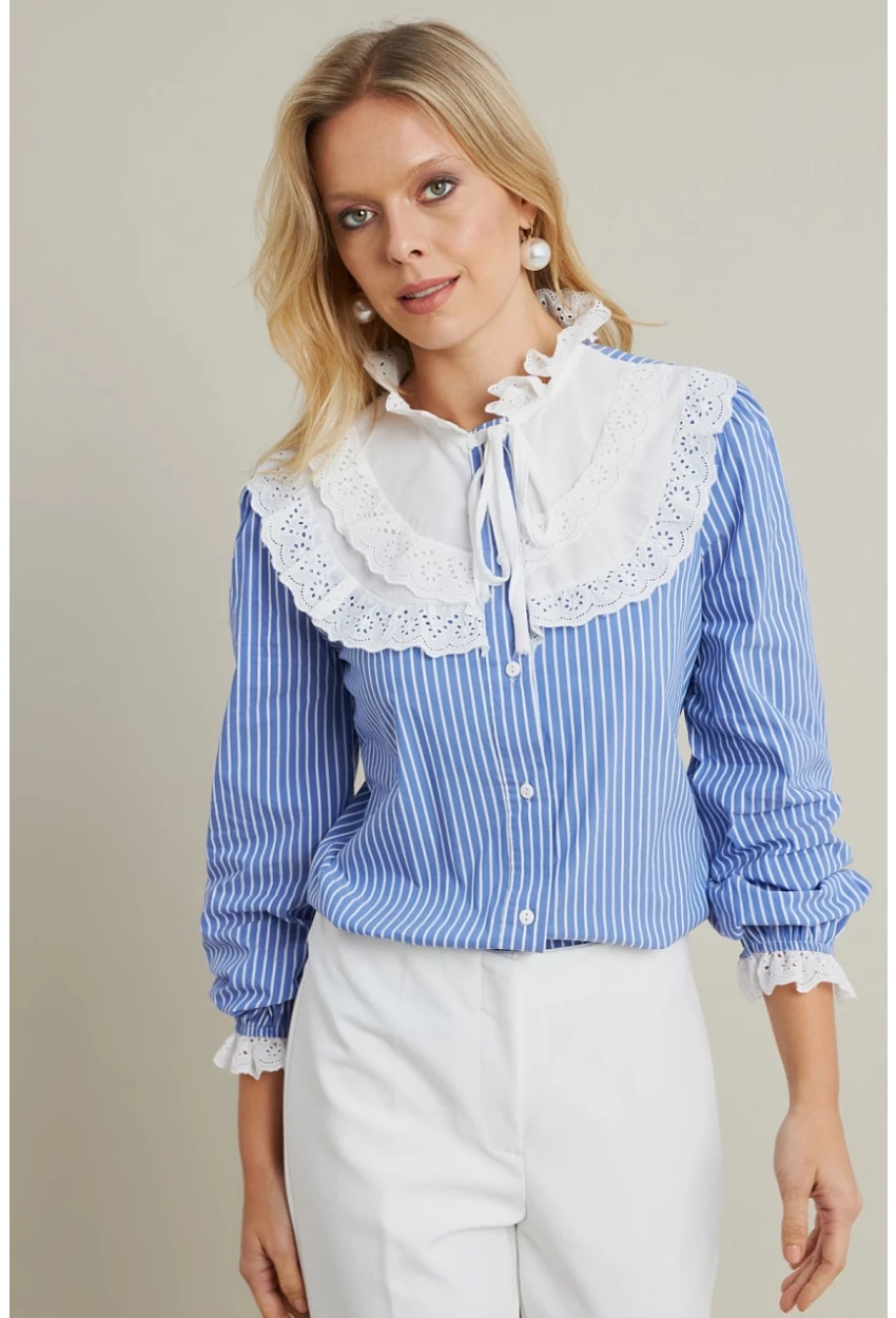 Kadın Mavi Dantel Detaylı Çizgili Gömlek MQS5074