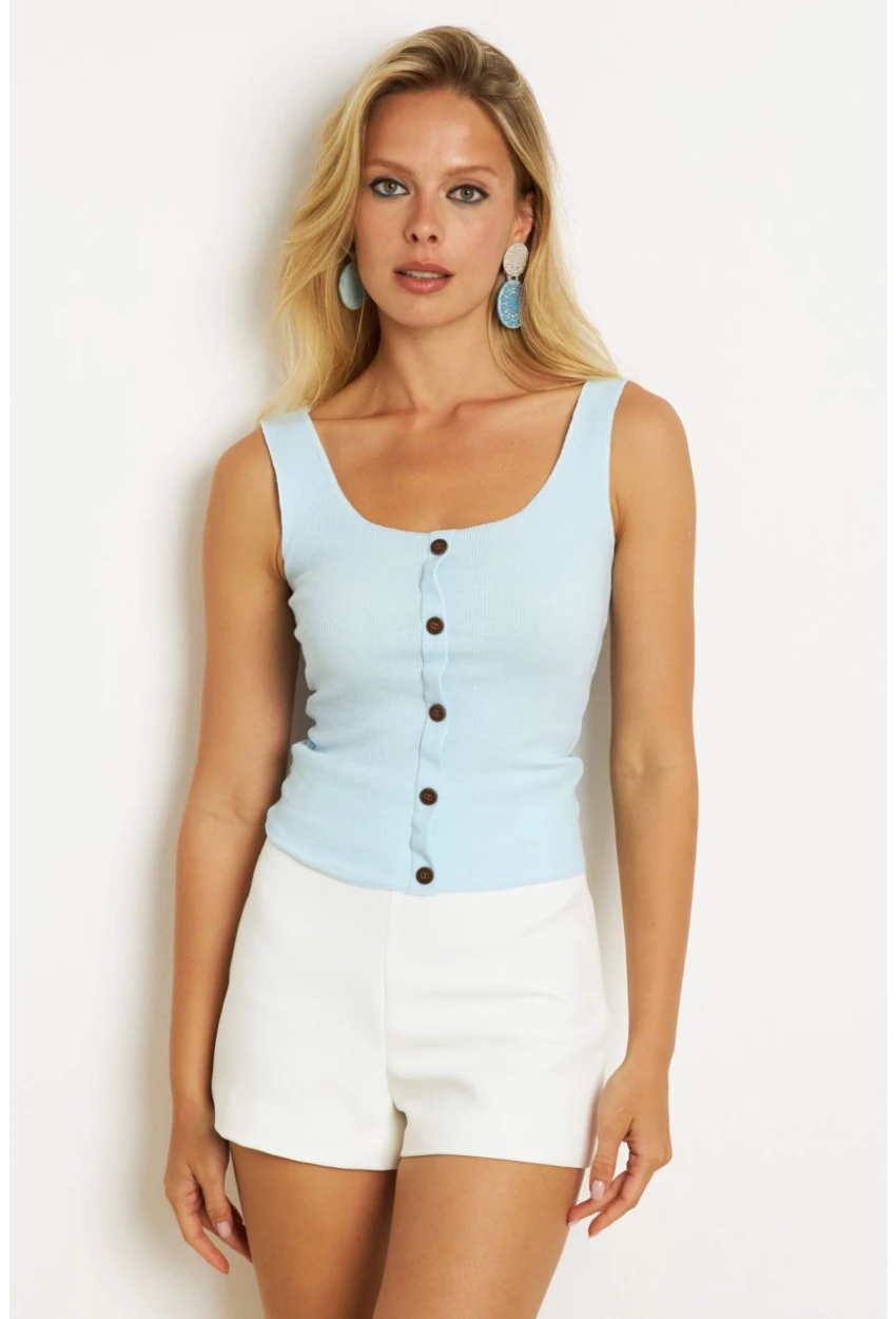 Kadın Mavi Düğme Aksesuarlı Bluz MK14