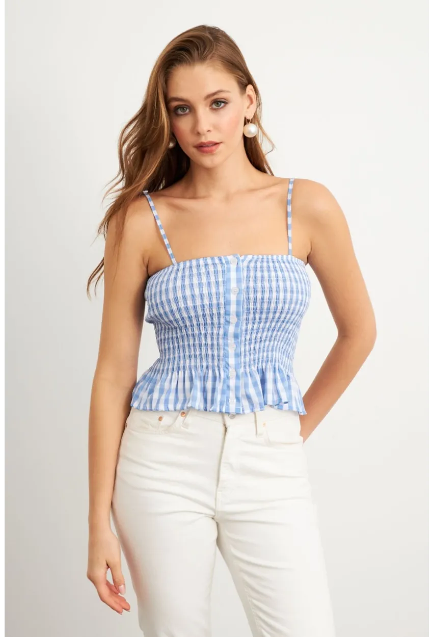 Kadın Mavi Ekose Lastikli Crop Bluz MTK13397