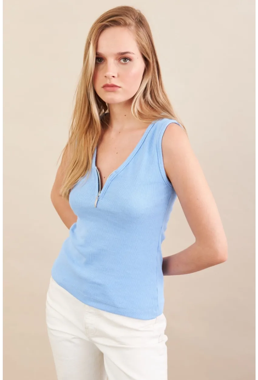 Kadın Mavi Fermuarlı Kaşkorse Bluz EY3106