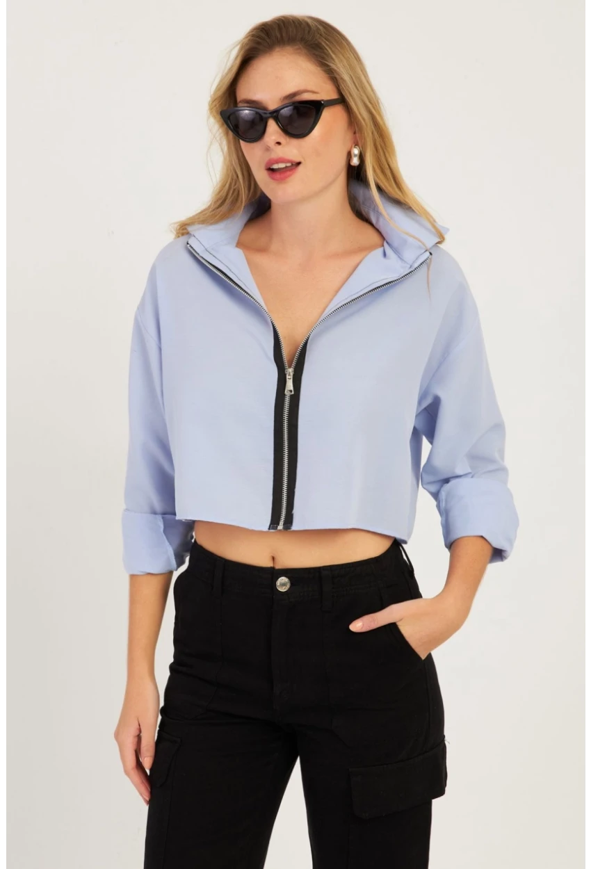 Kadın Mavi Fermuarlı Kısa Gömlek SF2541