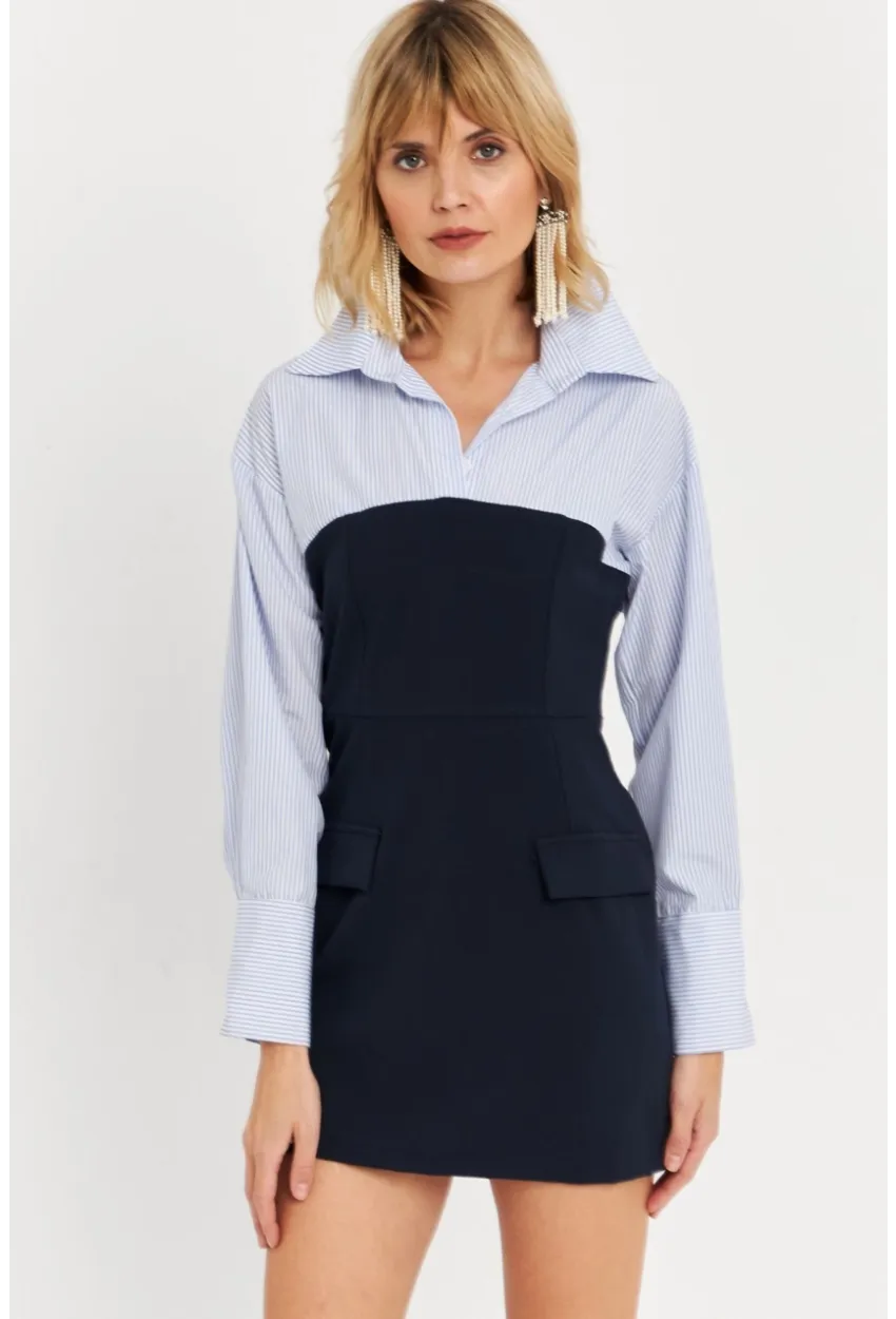 Kadın Mavi Gömlek Bloklu Mini Elbise KED3072