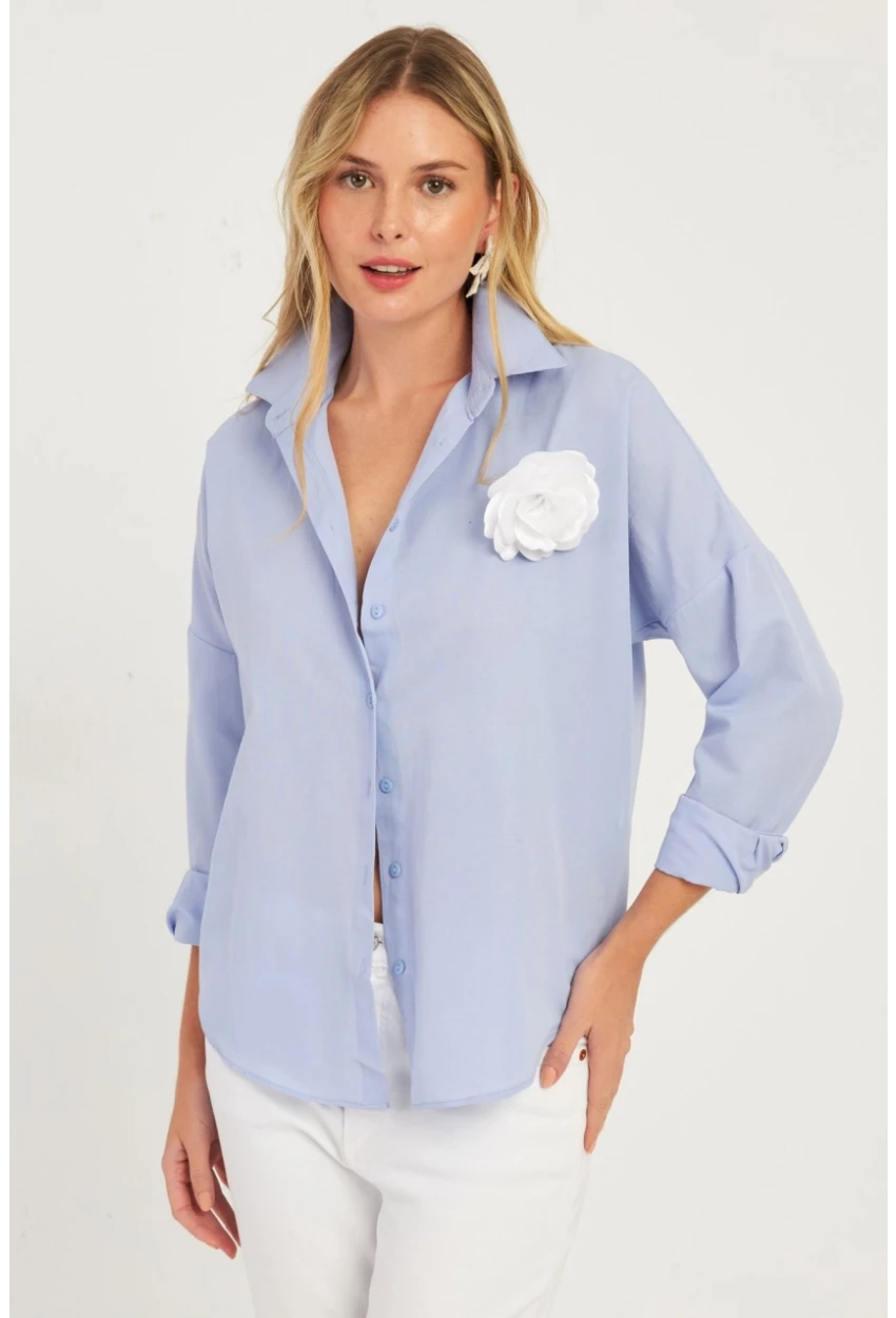 Kadın Mavi Gül Aksesuarlı Gömlek SF2540
