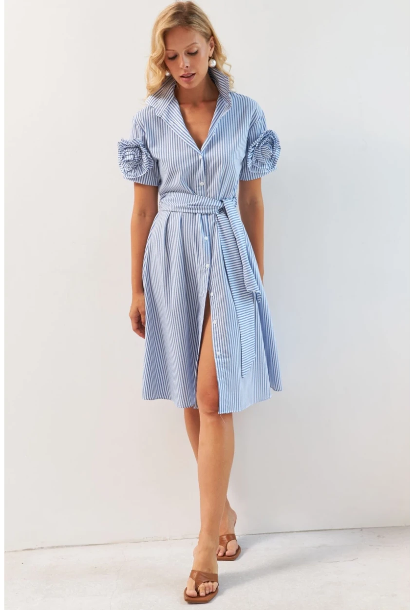 Kadın Mavi Gül Detaylı Midi Gömlek Elbise SF12812