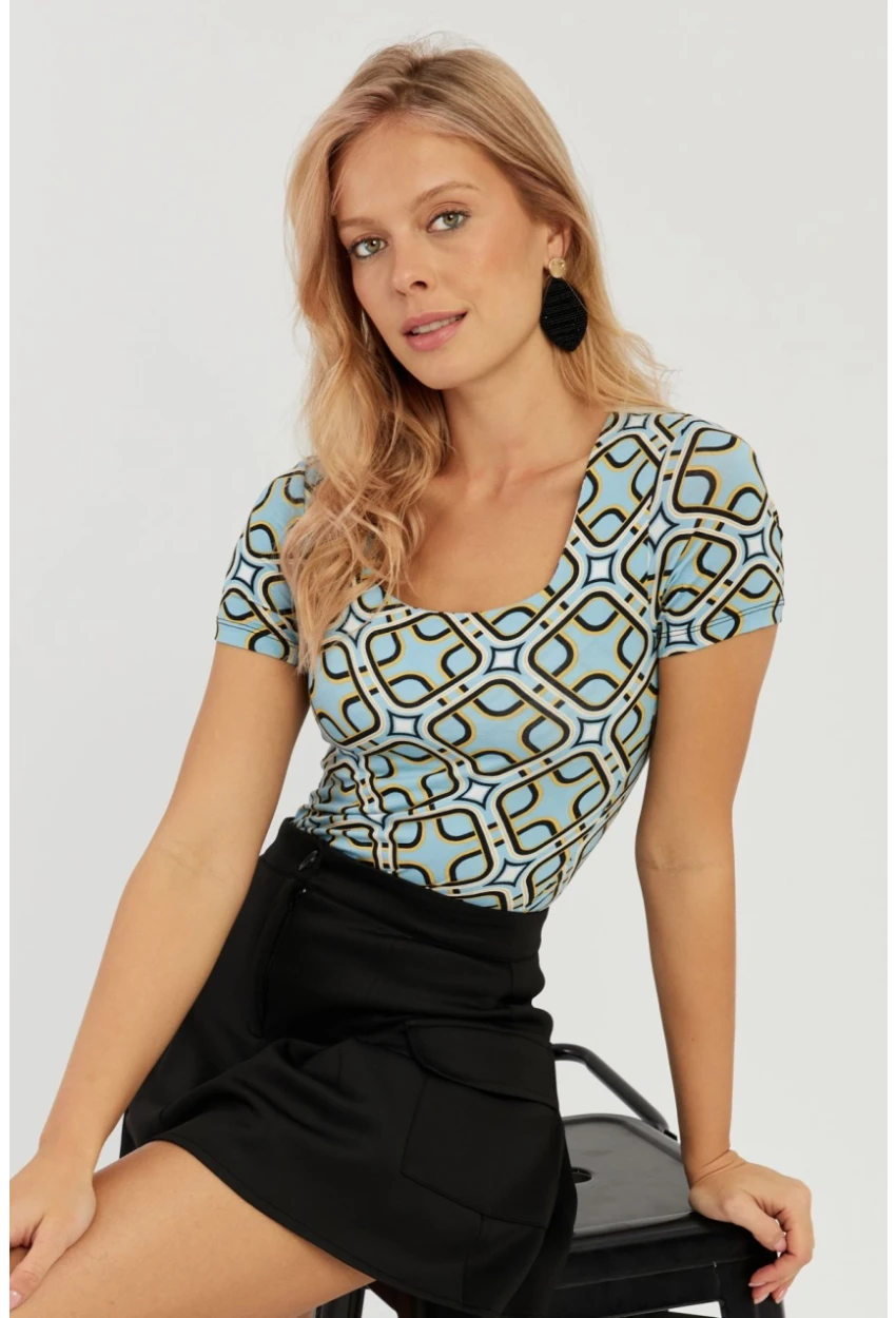 Kadın Mavi Kare Yaka Desenli Bluz LPP1258