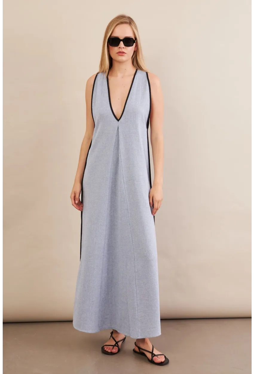 Kadın Mavi Kontrast Çizgili Maxi Keten Elbise MSİ101