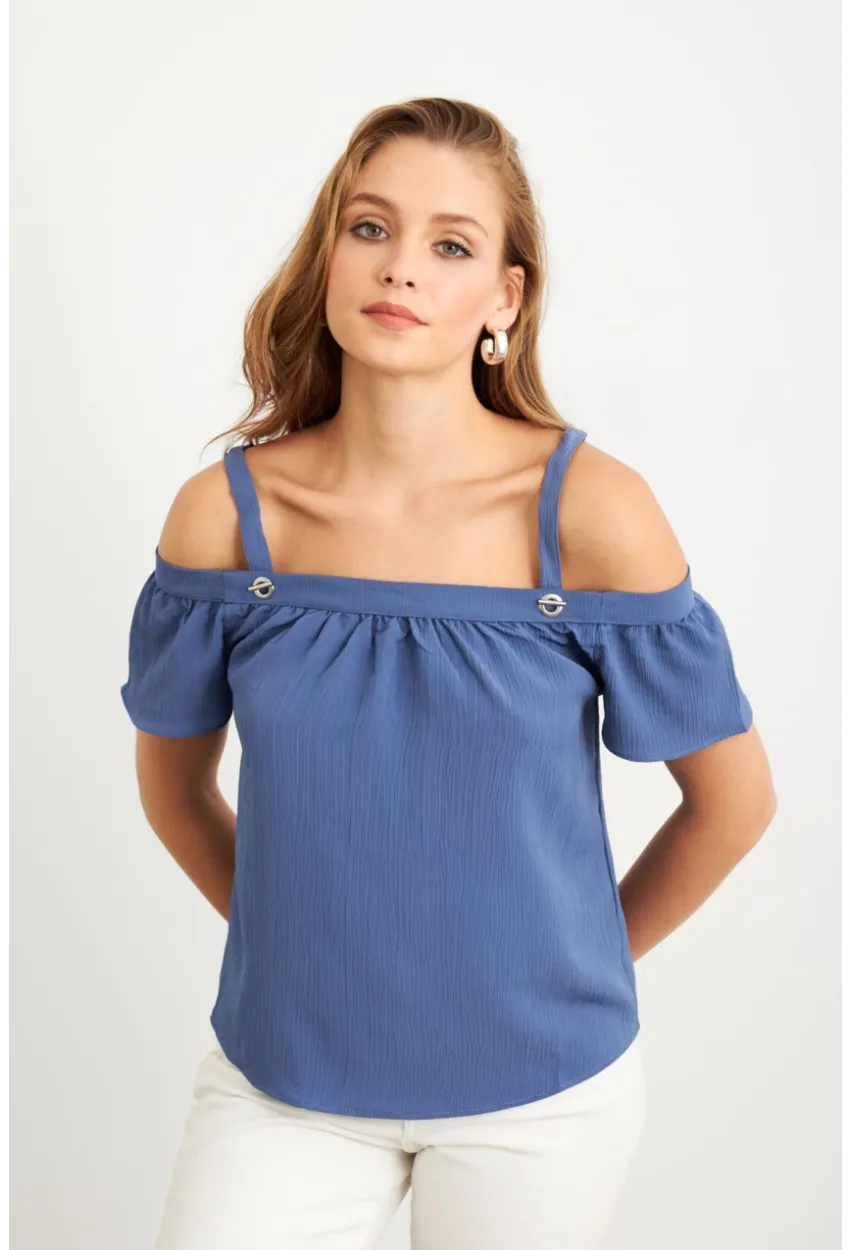 Kadın Mavi Kontrast Kollu Bürümcük Bluz RX452