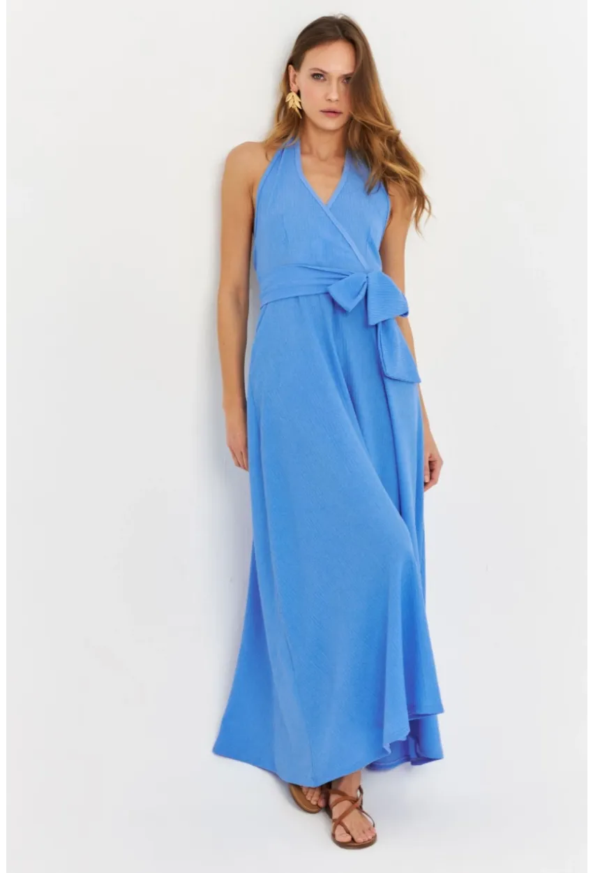 Kadın Mavi Kruvaze Bürümcük Maxi Elbise EY3053