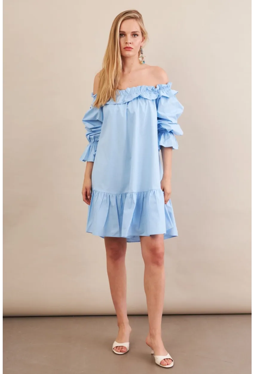 Kadın Mavi Madonna Yaka Midi Elbise PSG1012