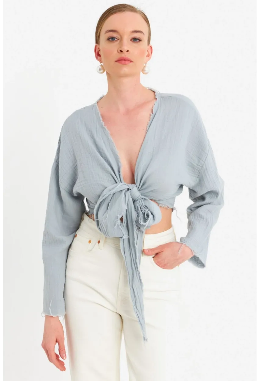 Kadın Mavi Müslin Crop Bluz PC20700