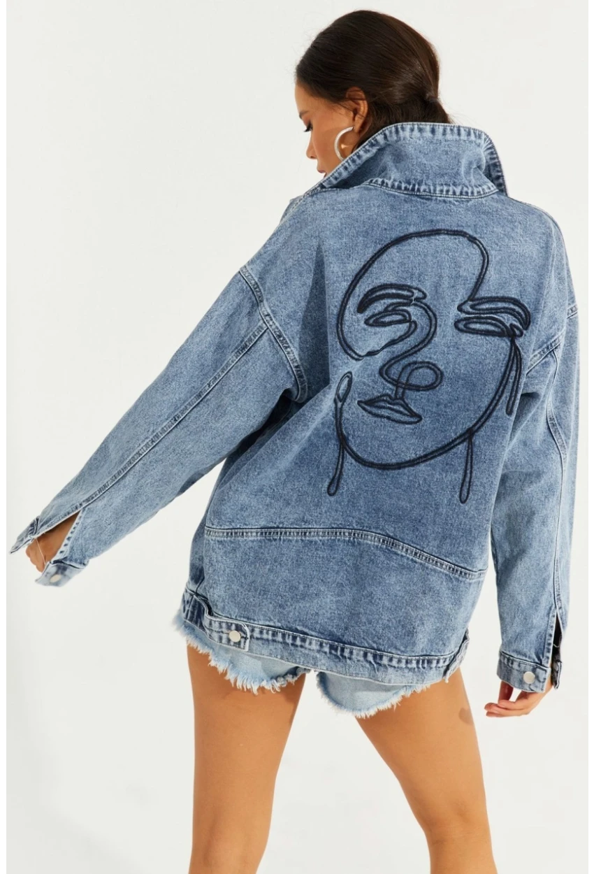 Kadın Mavi Nakışlı Kot Ceket İS801