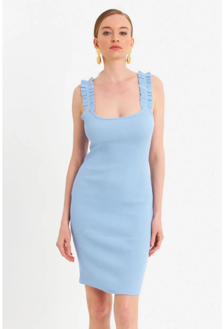 Kadın Mavi Omuz Bantlı Kaşkorse Mini Elbise URO203