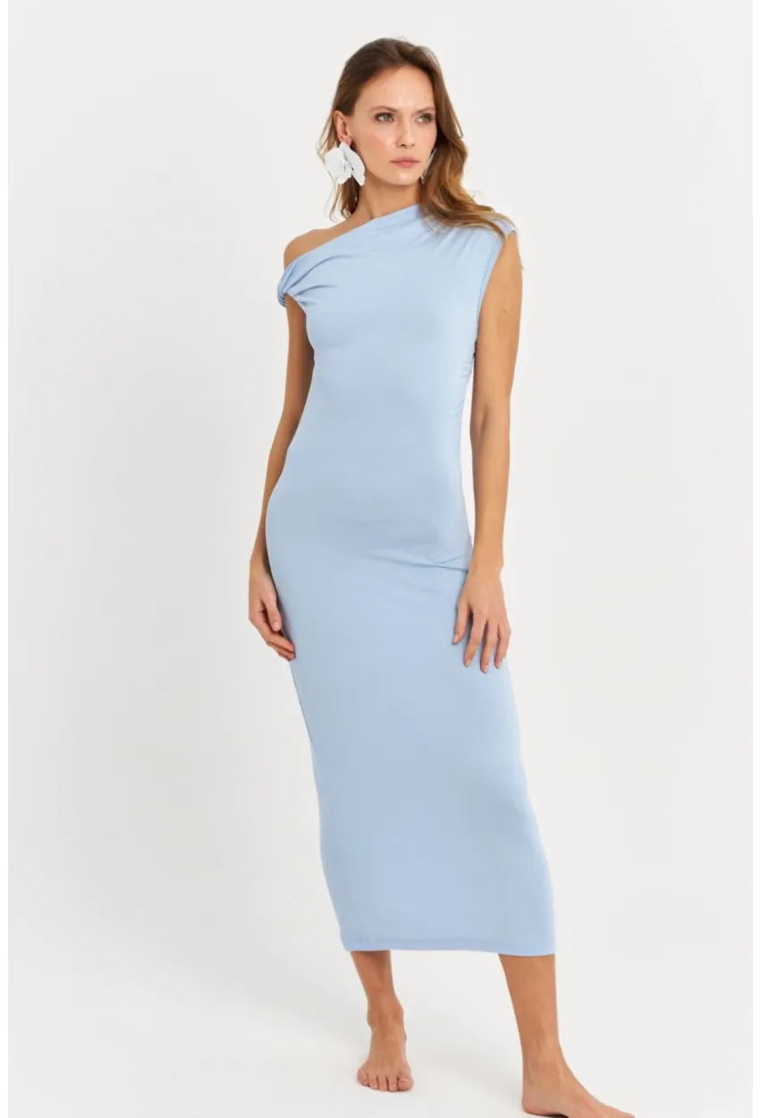 Kadın Mavi Omuz Düğümlü Degaje Midi Elbise EY3054