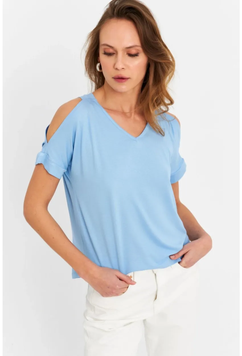 Kadın Mavi Omuzları Açık Bluz BR1329