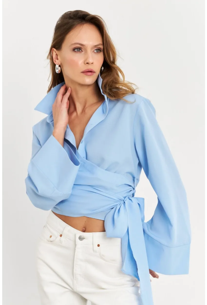 Kadın Mavi Önü Bağlamalı İspanyol Kol Gömlek MON142