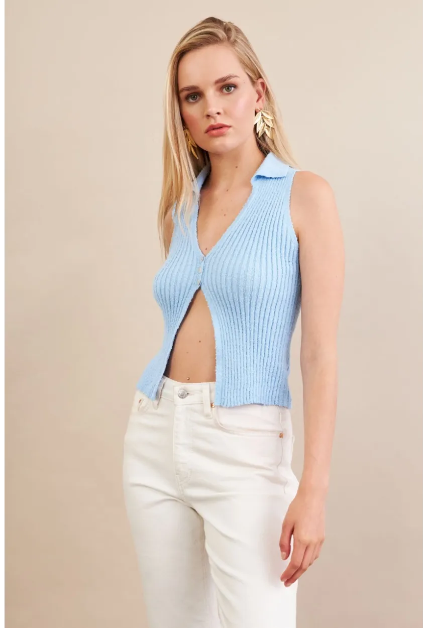 Kadın Mavi Polo Yaka Yumoş Yelek ZH050