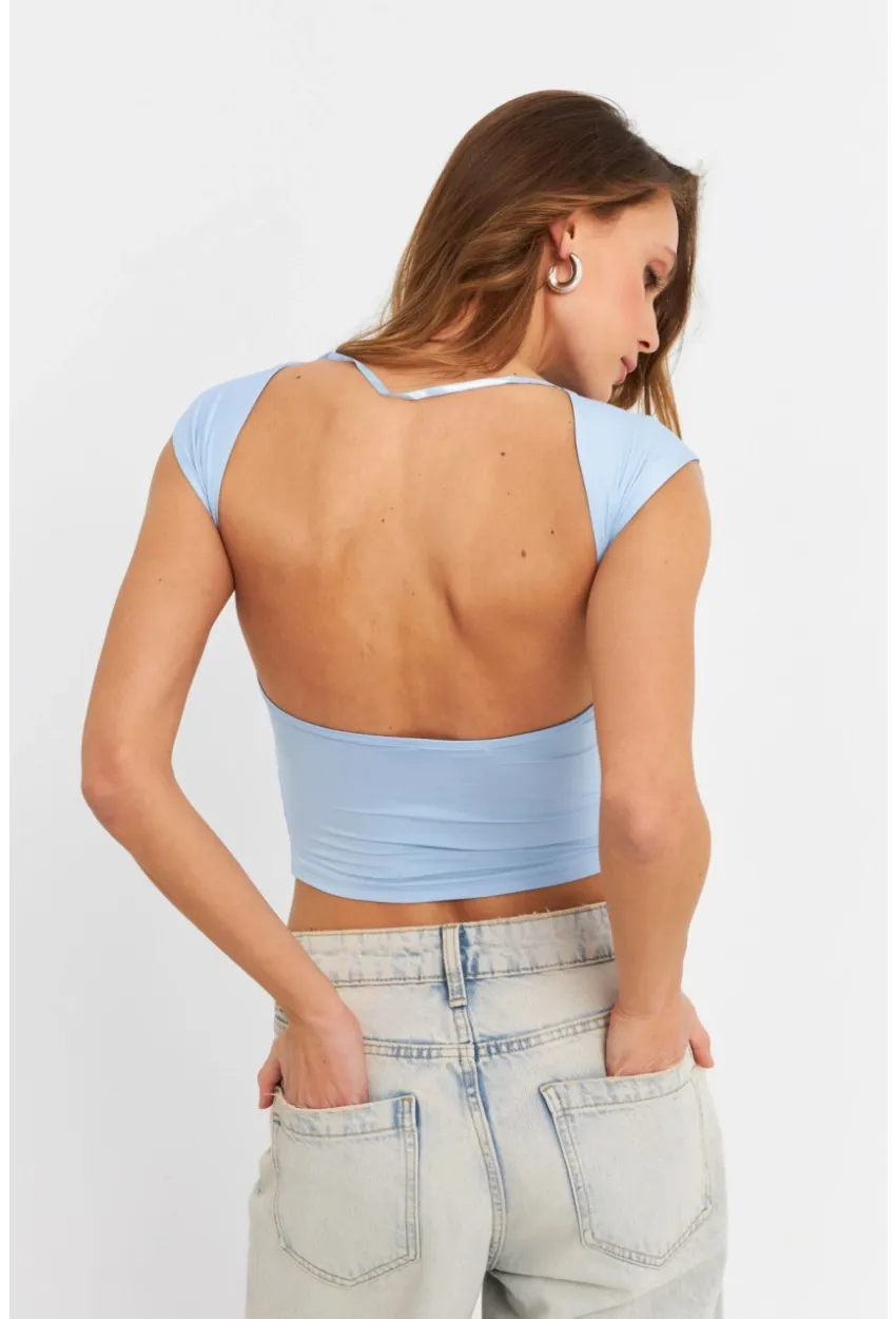 Kadın Mavi Sırtı Açık Crop Bluz ZH083