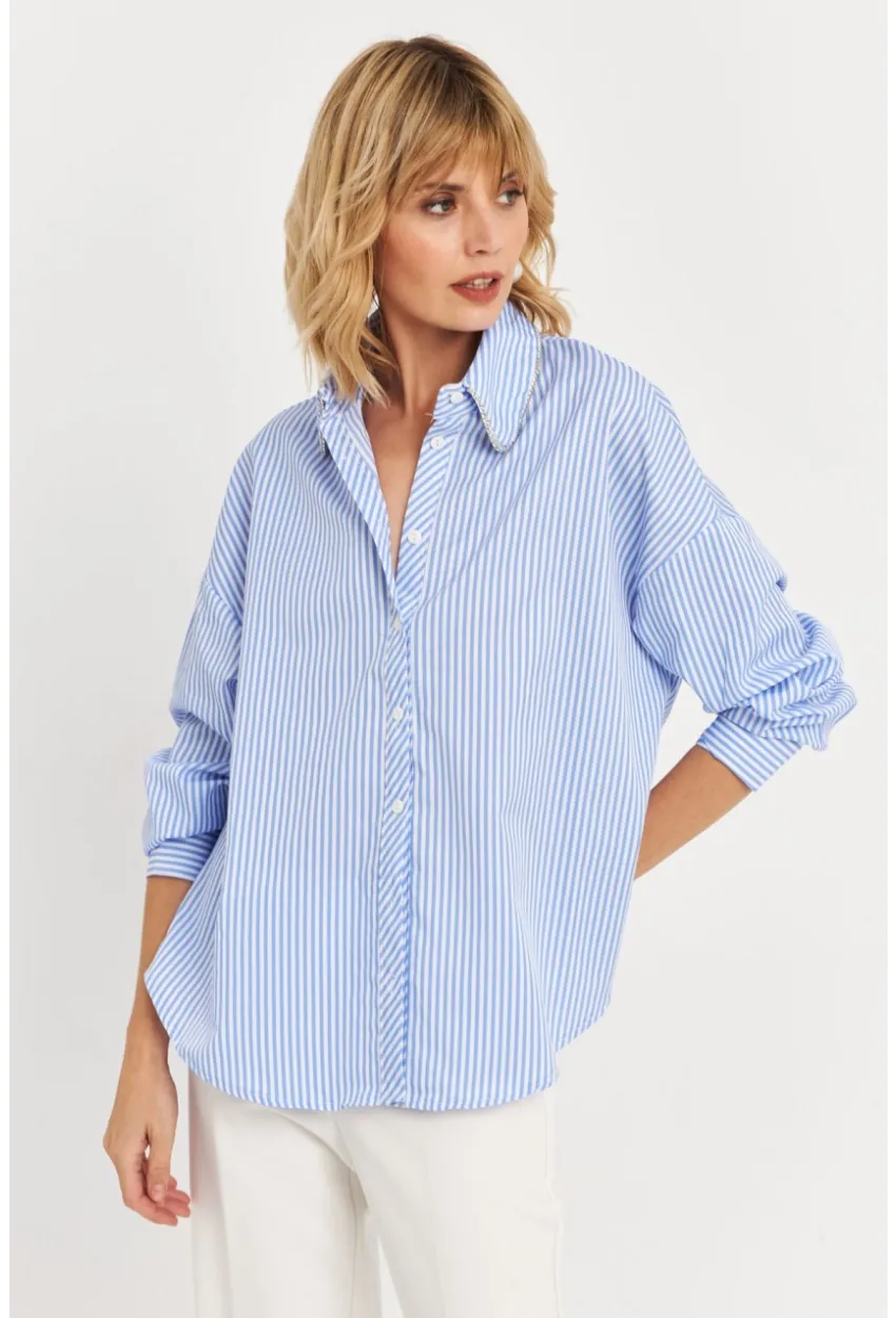 Kadın Mavi Taş Detaylı Çizgili Gömlek KED4088