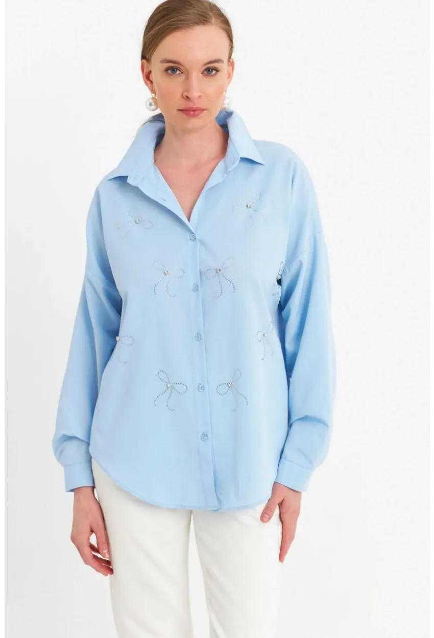 Kadın Mavi Taşlı Gömlek MZER426