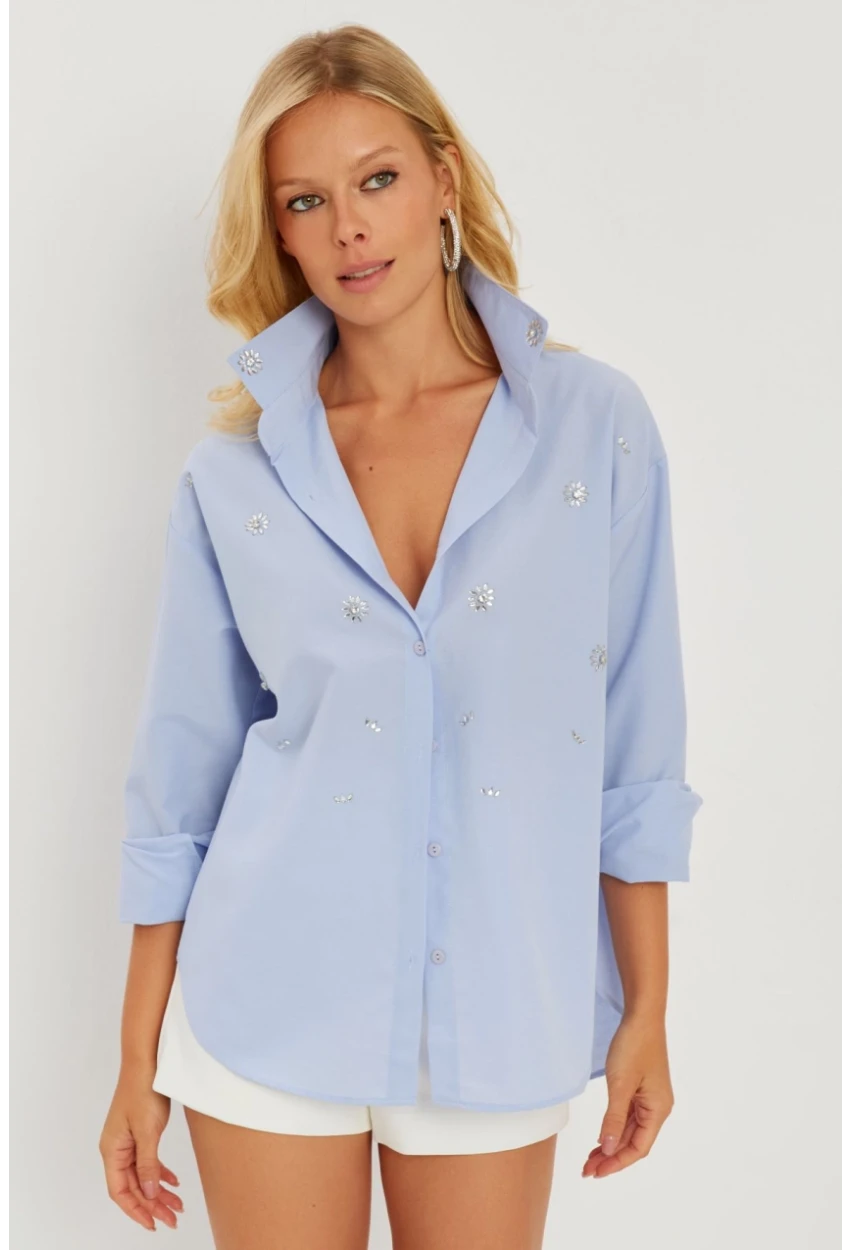 Kadın Mavi Taşlı Gömlek SF2550