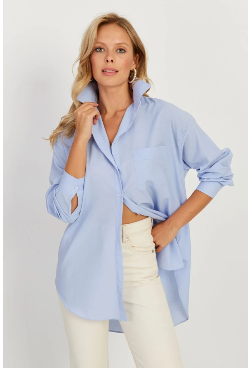 Kadın Mavi Uzun Basic Gömlek SF2535