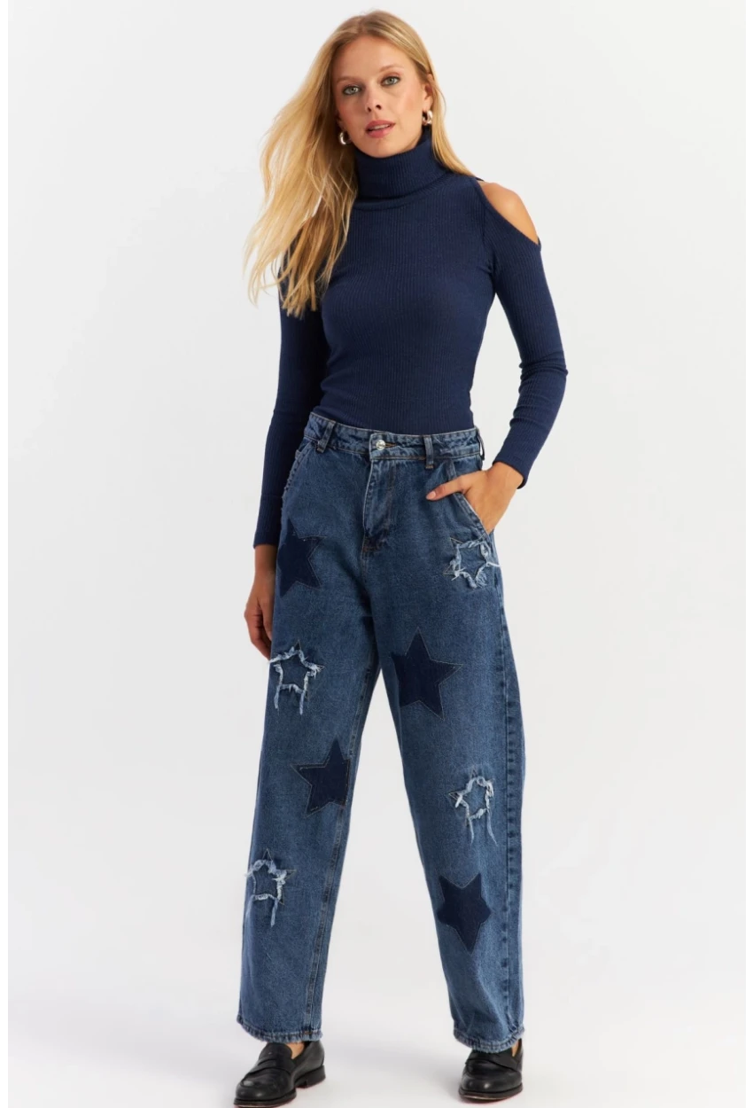Kadın Mavi Yamalı Jean Pantolon AUR1