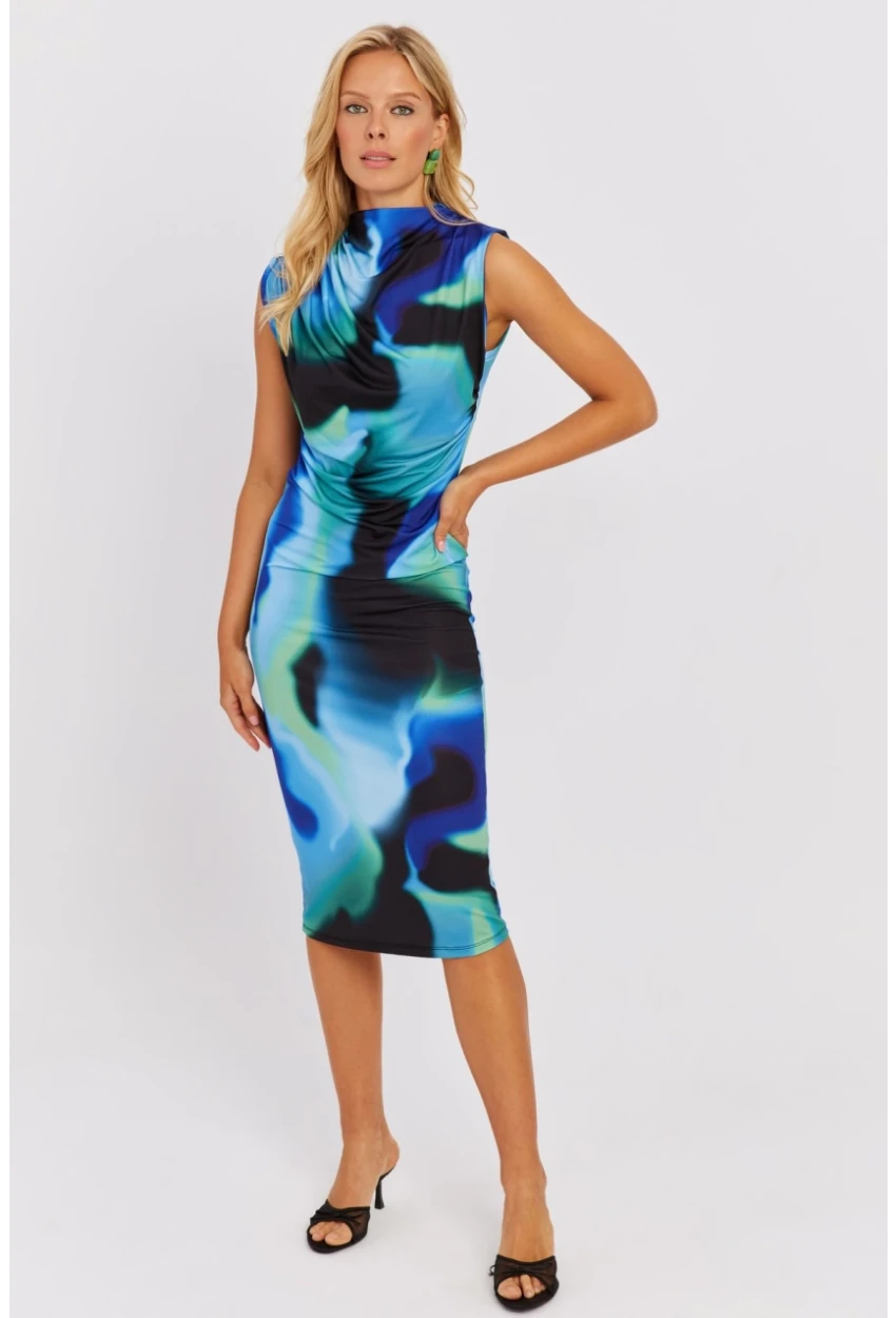 Kadın Mavi-Yeşil Büzgülü Midi Elbise NÇ520