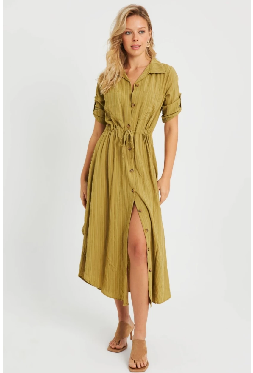 Kadın Midi Gömlek Elbise Haki Q984