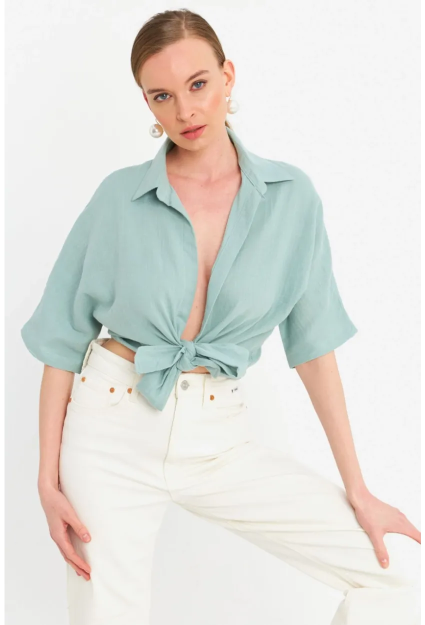 Kadın Mint Bağlamalı Keten Bluz BTH16