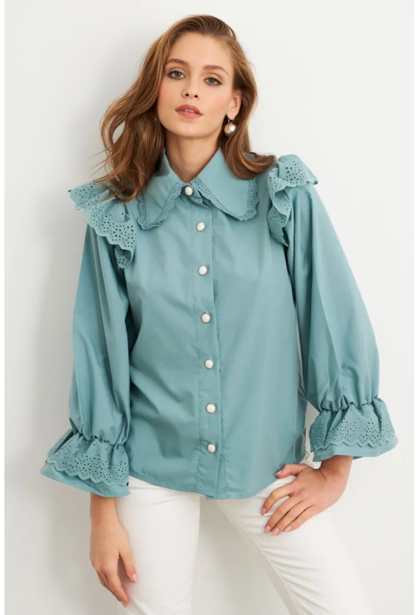 Kadın Mint Bebe Yaka Dantelli Gömlek MQS1839