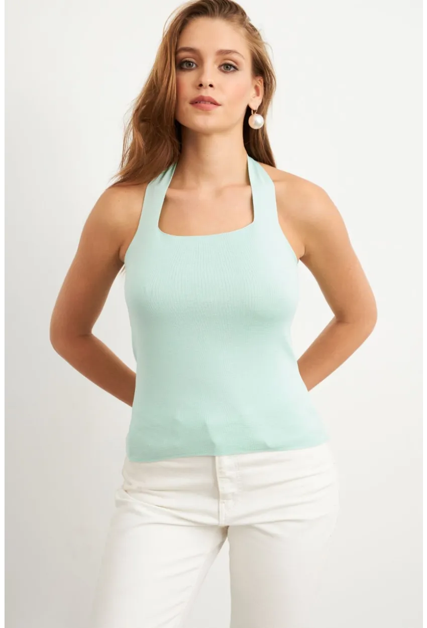 Kadın Mint Boyundan Bağlamalı Triko Bluz YV356