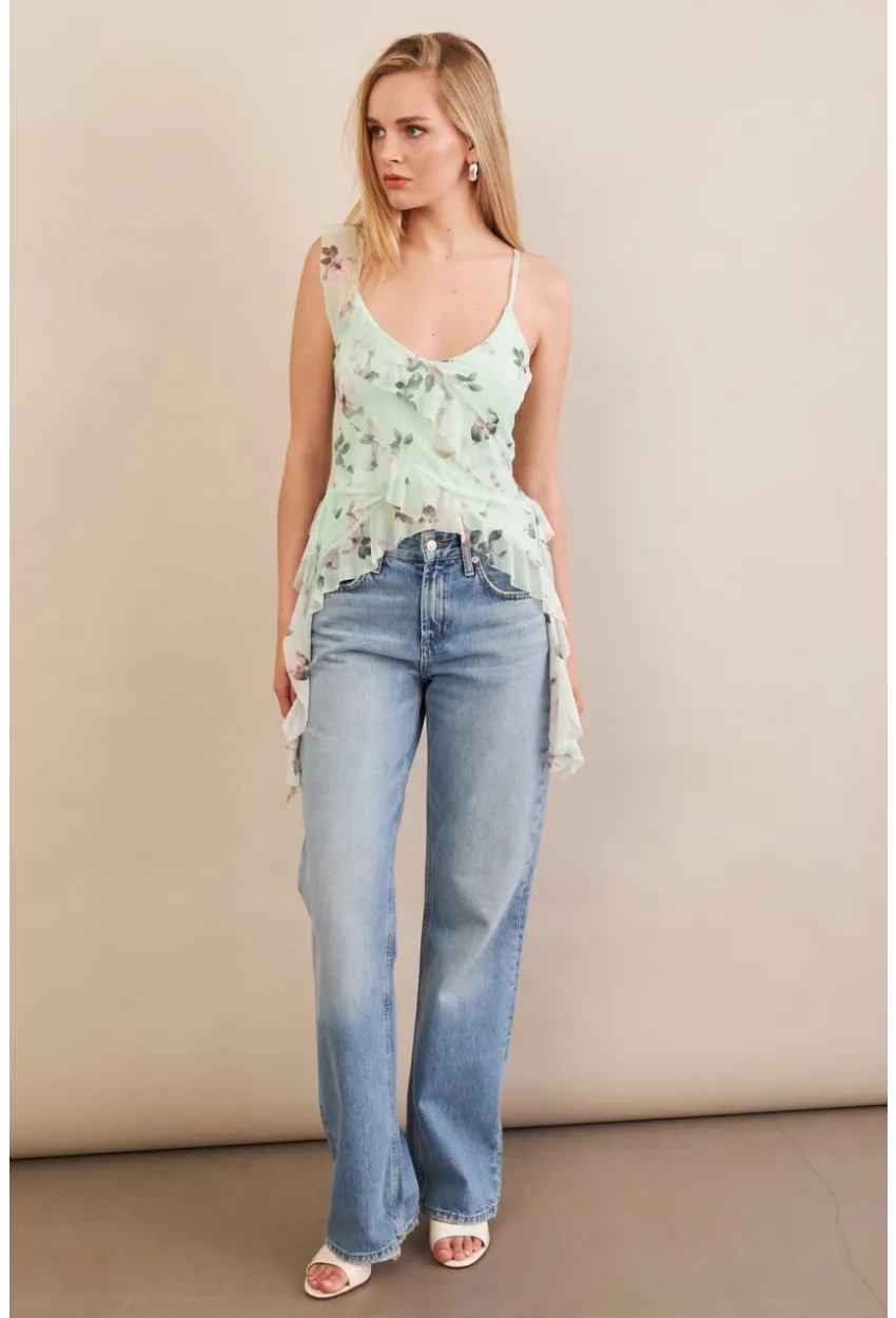 Kadın Mint Desenli Fırfırlı Şifon Bluz FS033