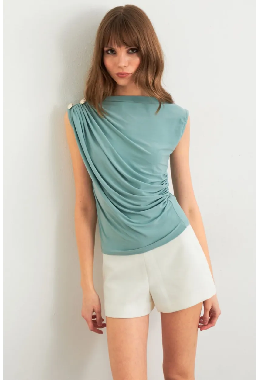 Kadın Mint Düğme Detaylı Büzgülü Bluz LPP1205-1
