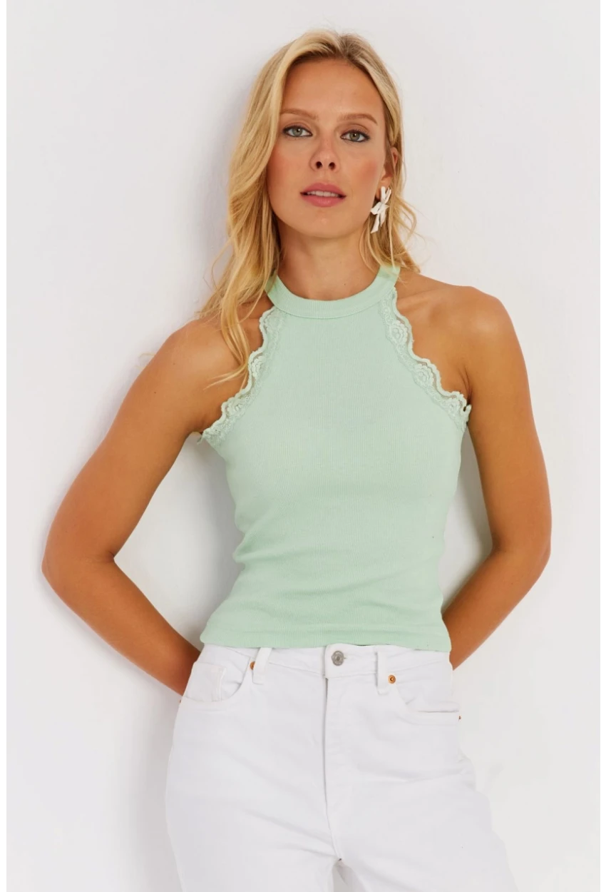 Kadın Mint Halter Yaka Dantelli Bluz MK04
