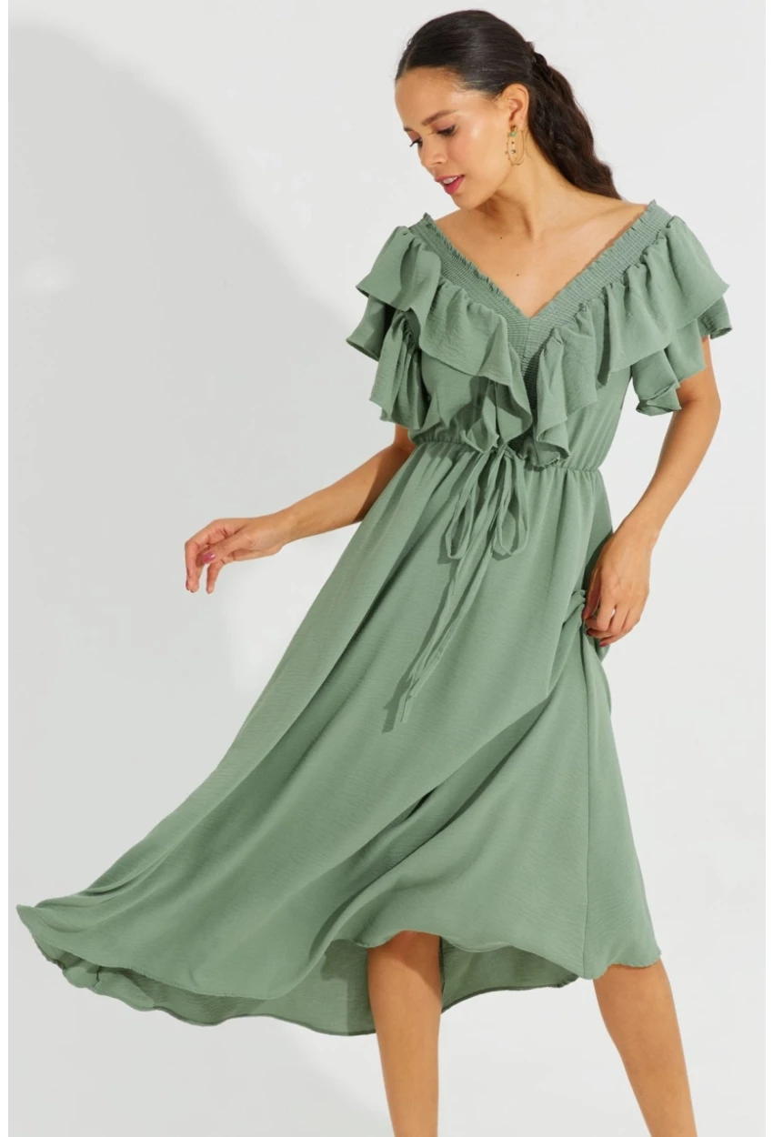 Kadın Mint Ön Arka V Volanlı Elbise KS113