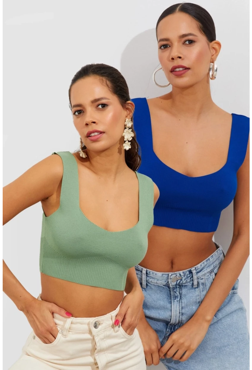 Kadın Mint-Saks İkili Triko Crop Atlet YV134