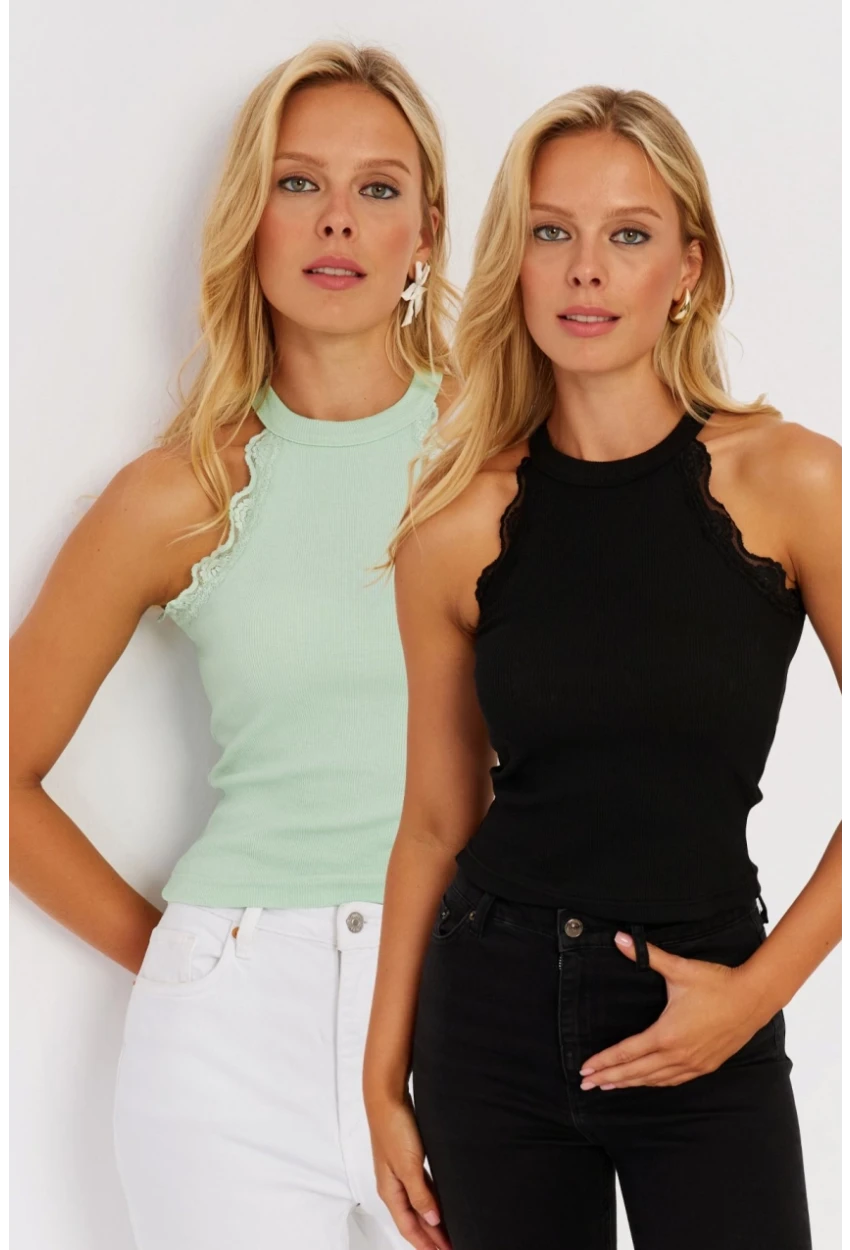 Kadın Mint-Siyah Halter Yaka Dantelli Bluz MK08