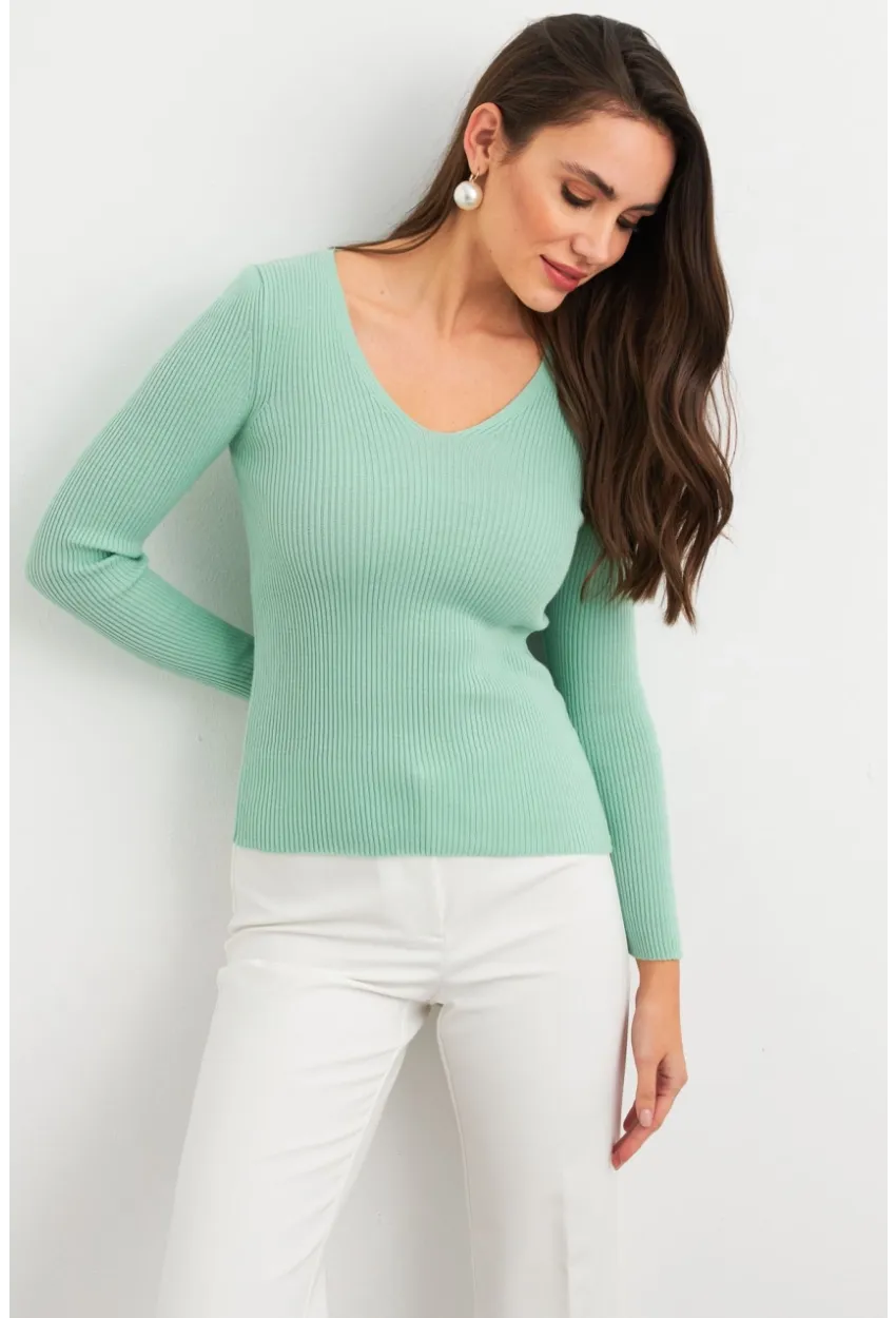 Kadın Mint V Yaka Triko Bluz YV284