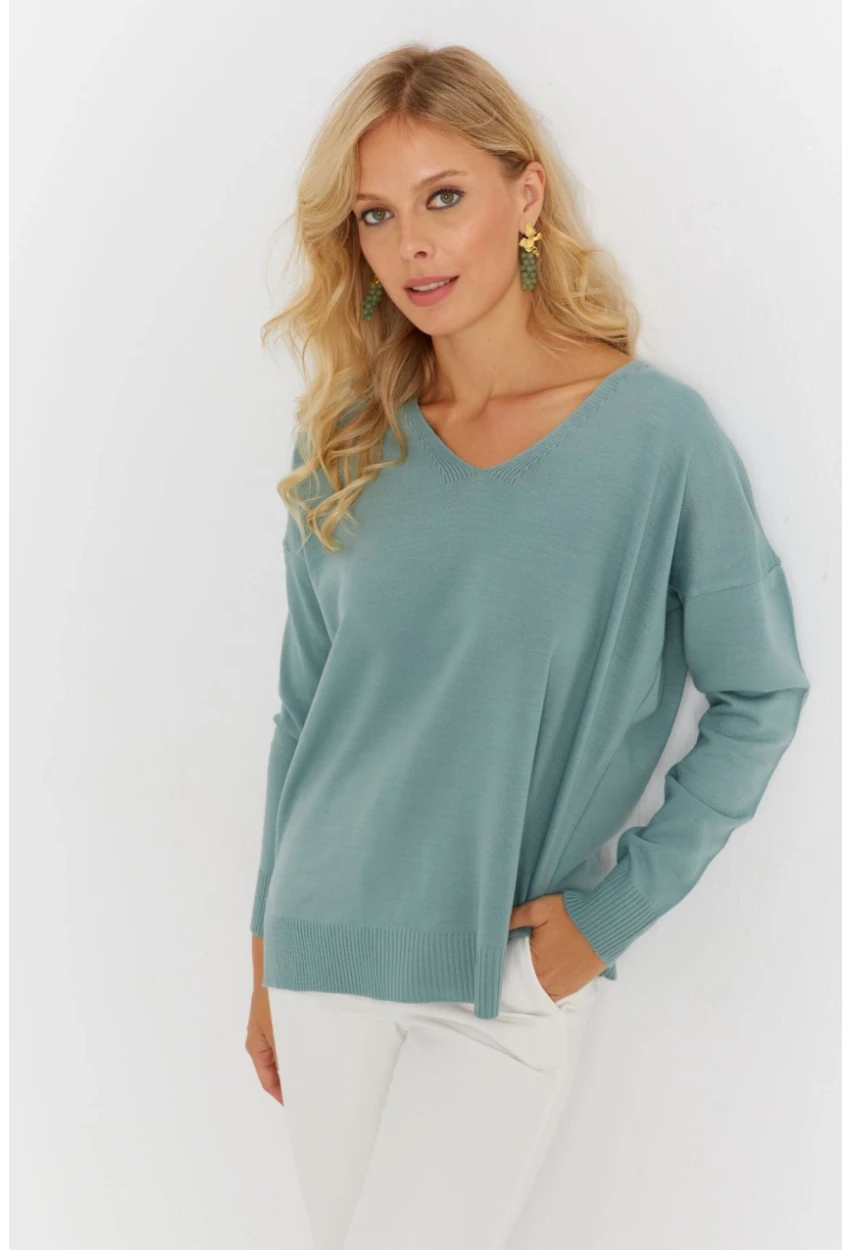 Kadın Mint V Yaka Triko Kazak YİL549