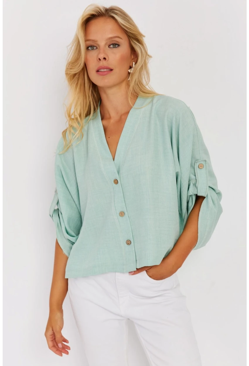 Kadın Mint Yarasa Kol Kısa Gömlek GÇ160