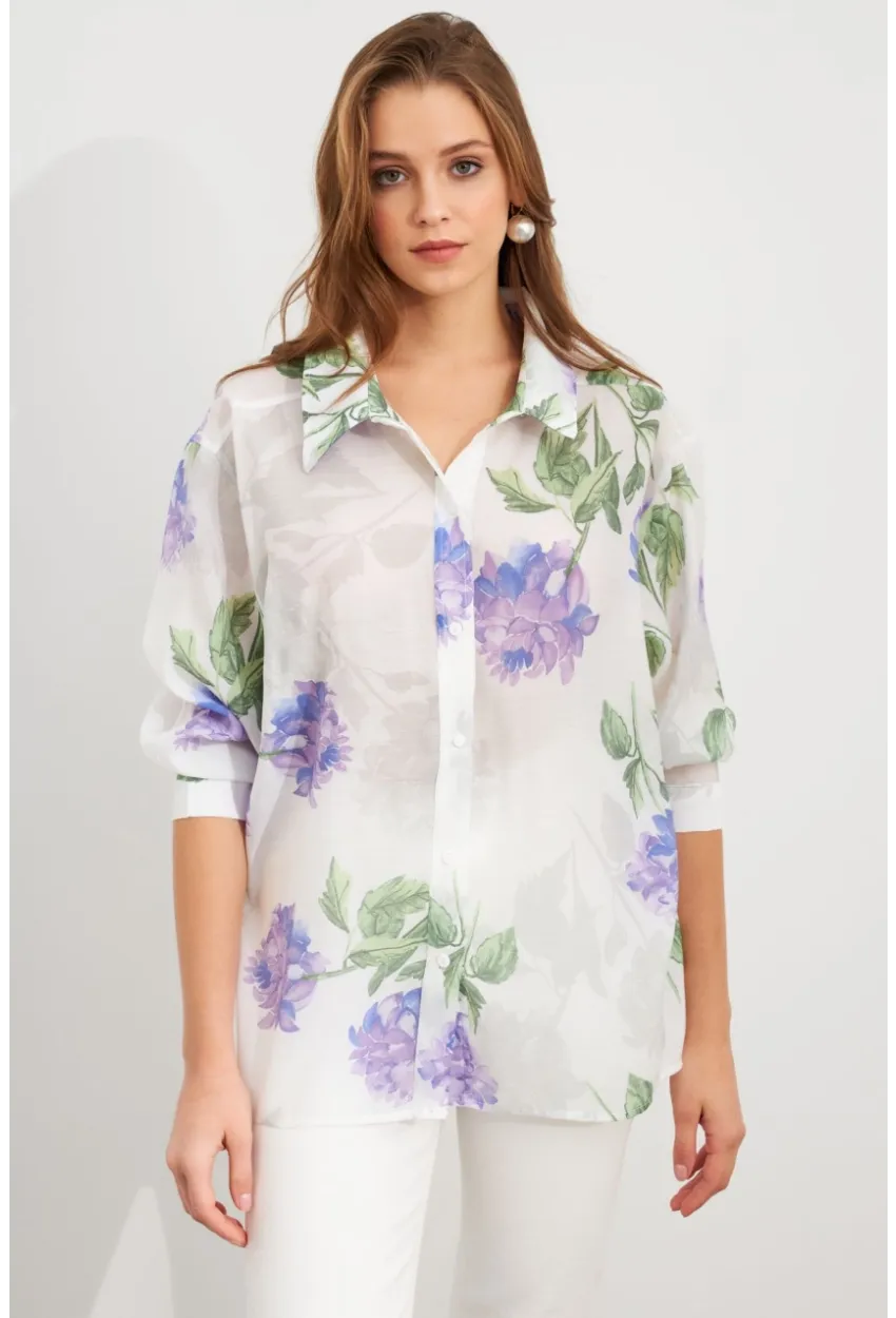 Kadın Mor Çiçek Desenli İnce Keten Gömlek MCAR1068